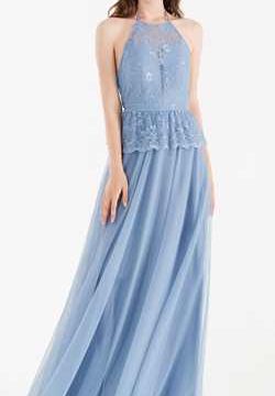 Abito Lungo in Pizzo e Tulle Azzurro Ceruleo