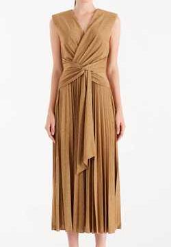 Abito Plissé Marrone Caramello con Filo Lurex